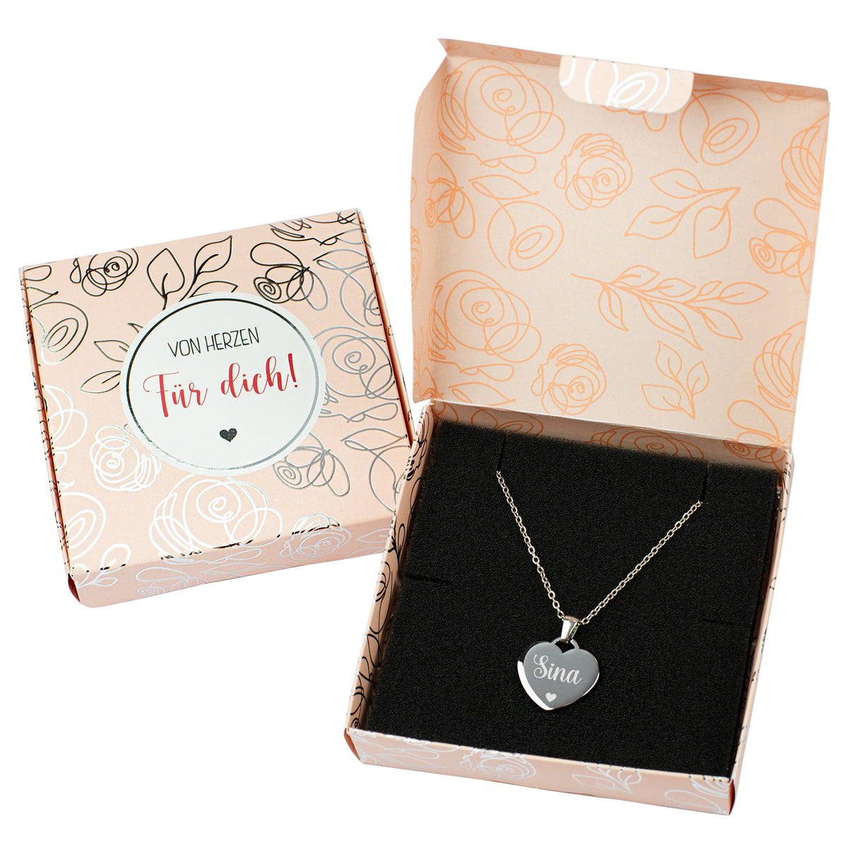 Herzkette mit Gravur in Geschenkbox mit Silberfolienprägung