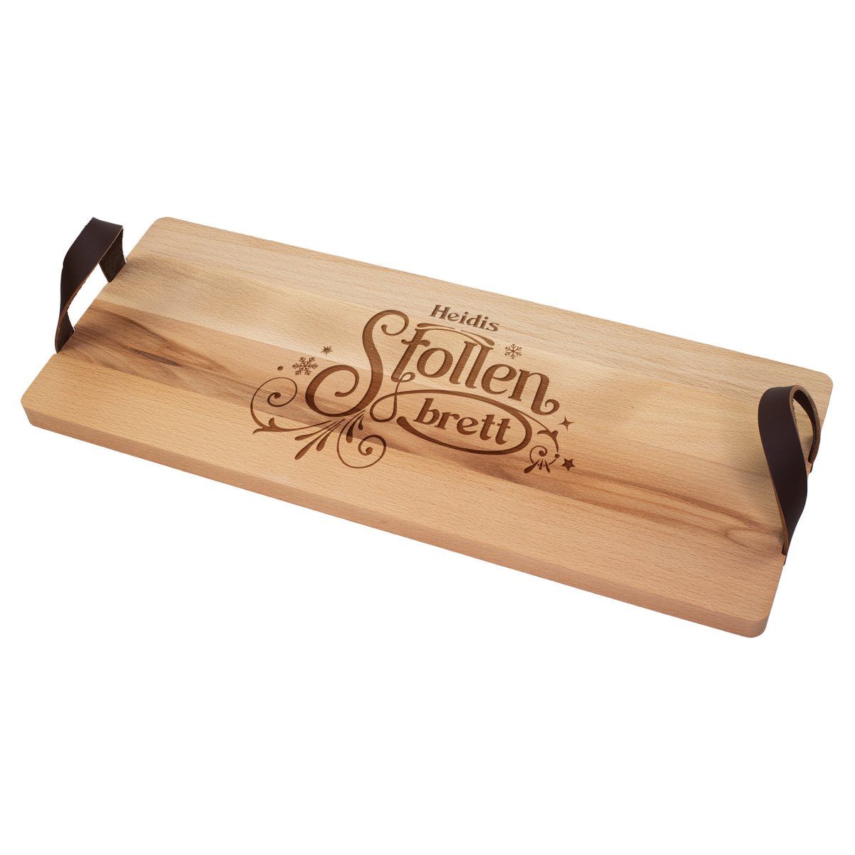 Freigestelltes Stollenbrett aus gedämpftem Buchenholz mit Ledergriffen und personalisierter Gravur