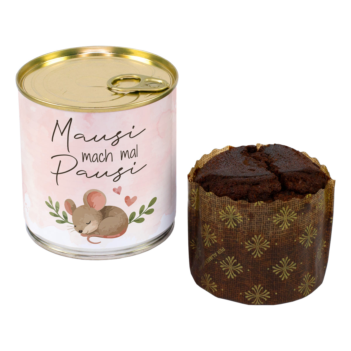 Freigestellter Dosenkuchen „Mausi mach mal Pausi“ mit 140 g Schokoladen-Brownie neben der Dose