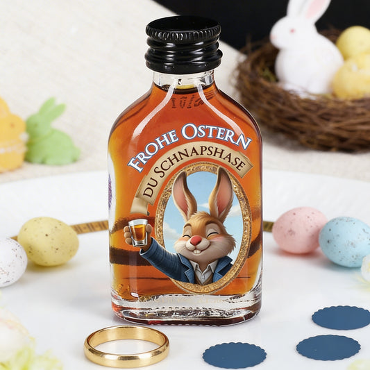 Mini Likörflasche mit Kräuterlikör und Osterhasenmotiv „Frohe Ostern Du Schnapshase“ auf weißem Teller dekoriert