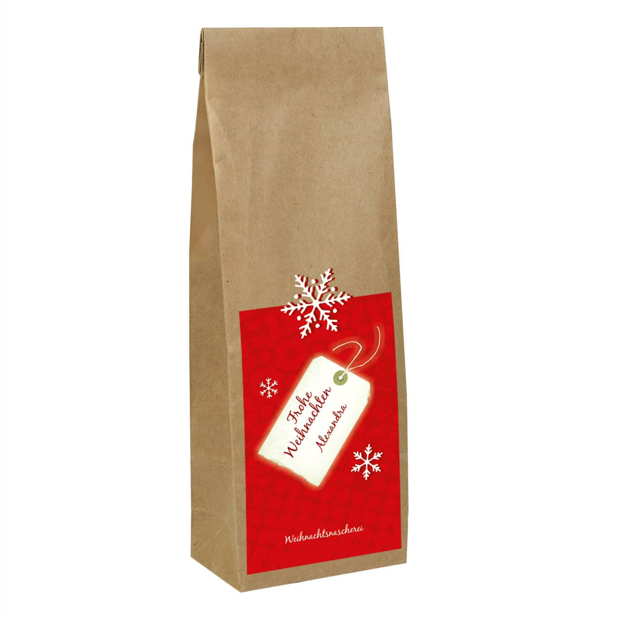 Tee zu Weihnachten mit Schneeflocken Etikett und Name bedruckt