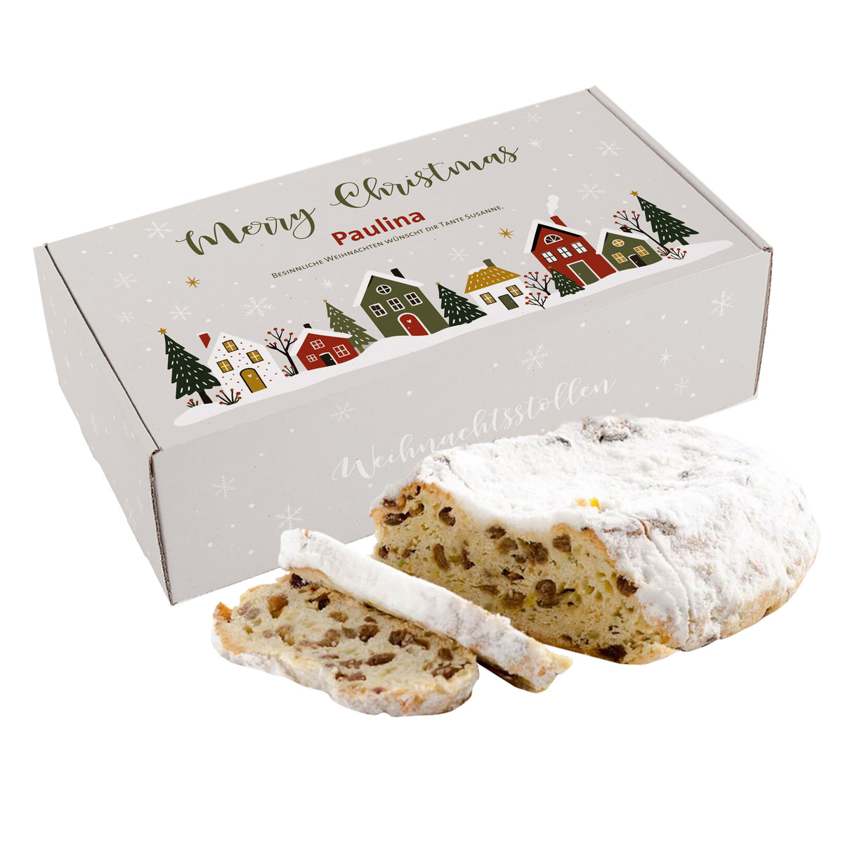 Personalisierter Weihnachtsstollen mit Name Paulina und Wunschtext vor weißer Geschenkbox mit winterlicher Häuserlandschaft