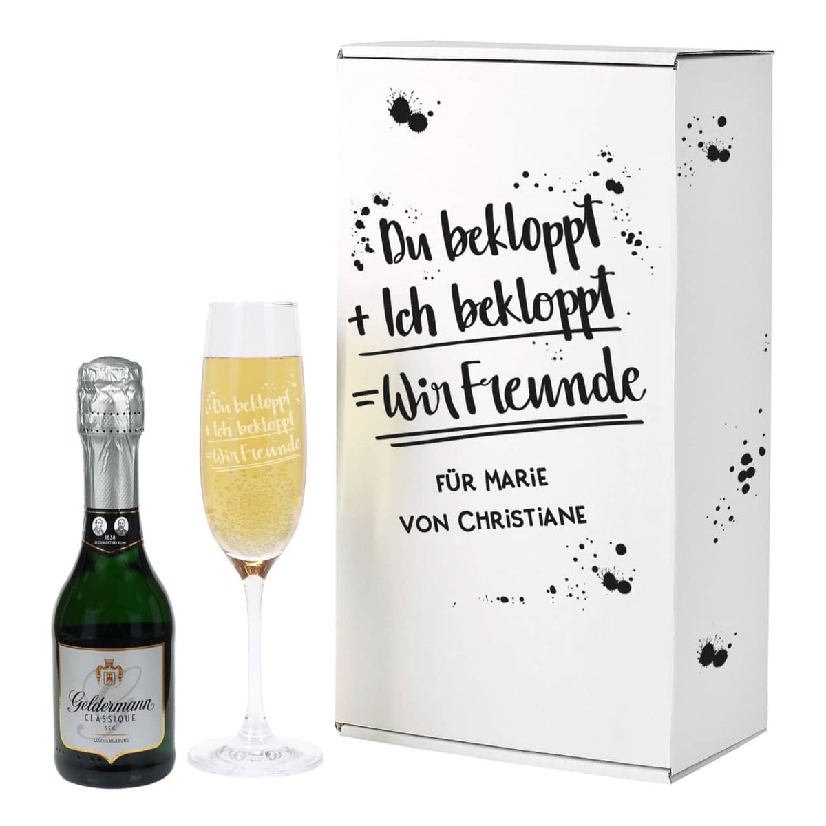 Du bekloppt, Ich bekloppt, Wir Freunde - Geschenkset mit Sekt und Sektglas
