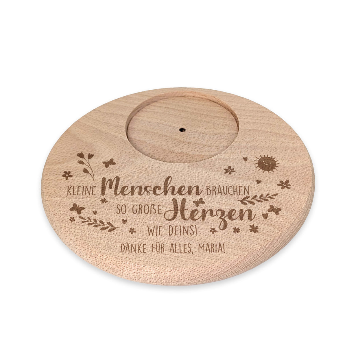 Gravierte Holzscheibe mit Spruch und persönlichem Text „Danke für alles, Maria!“