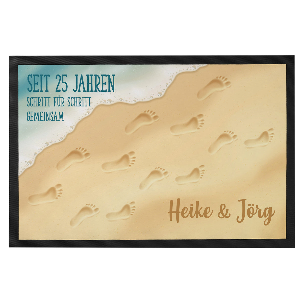 Personalisierte Fußmatte Silberhochzeit mit Strand, Fußspuren und Namen Heike & Jörg