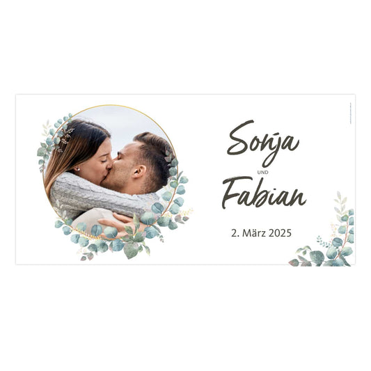 Banner zur Hochzeit mit Foto, Namen, Datum und Eukalyptus-Motiv