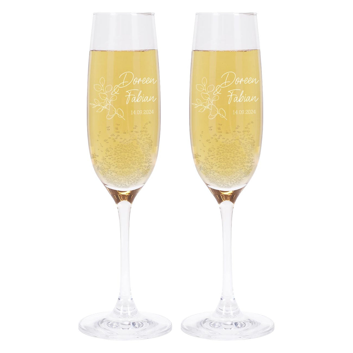 2 Sektgläser zur Hochzeit mit Eukalyptuszweig graviert