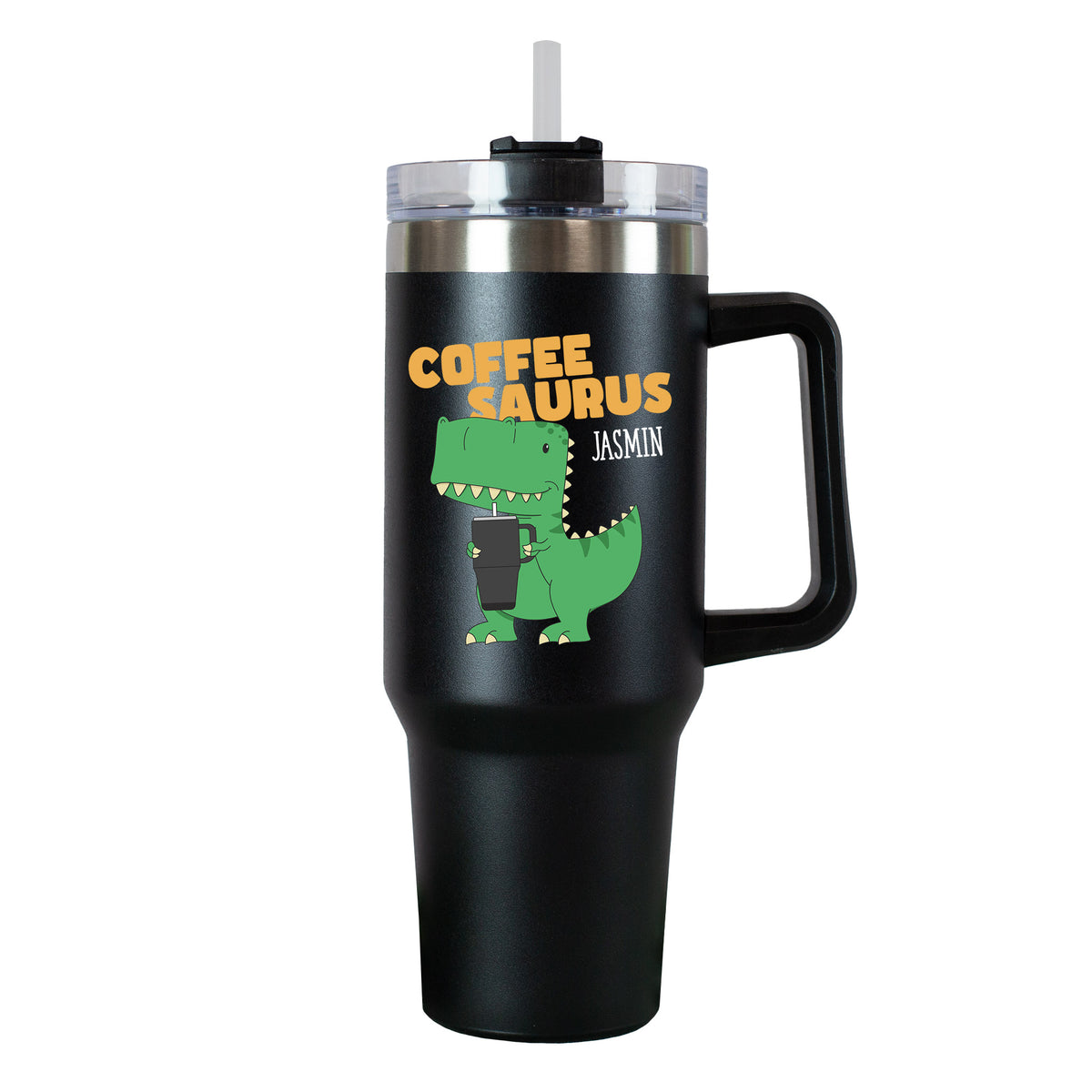 Freigestellter Thermobecher mit grünem Dino und „Coffee Saurus“-Schriftzug auf weißem Hintergrund