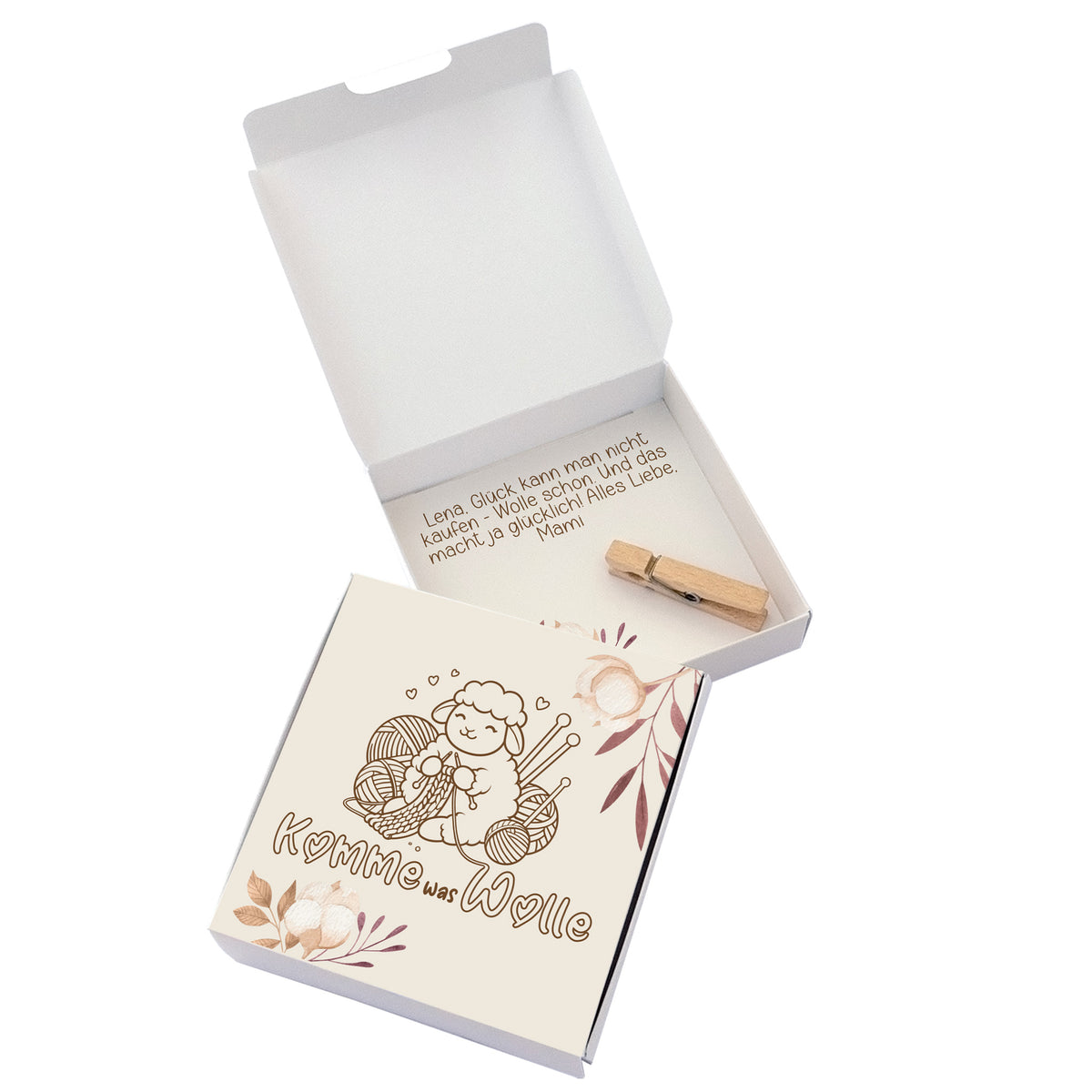 Personalisierte Geldgeschenk Box für Strickerinnen mit Wunschtext und Geldklammer