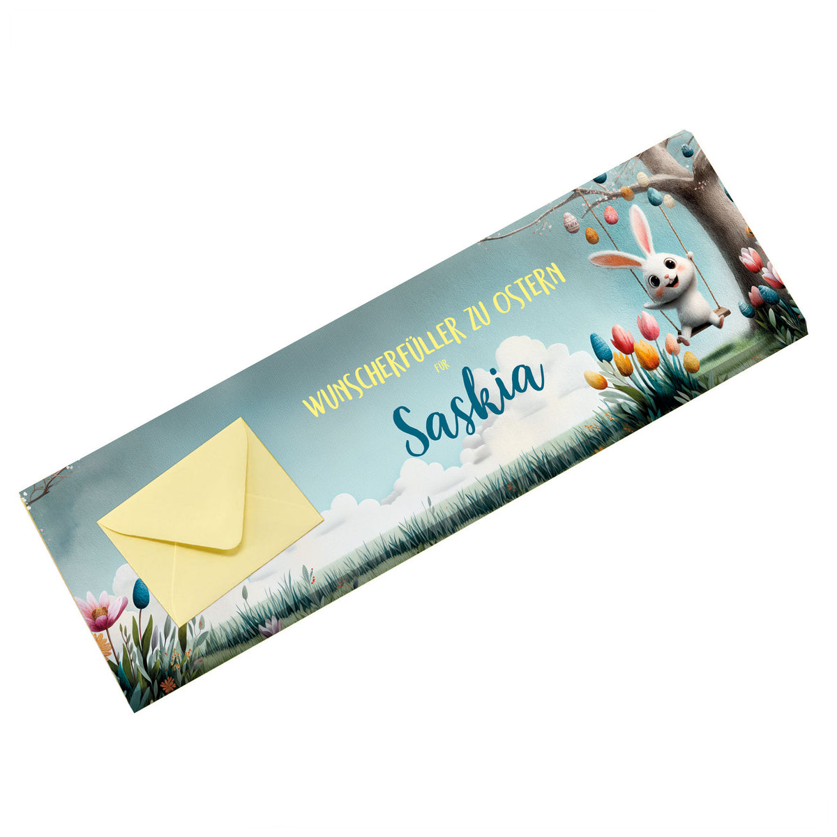 Personalisierte Osterschokolade mit Name Saskia, leerer Umschlag für Geldgeschenk im Osterdesign