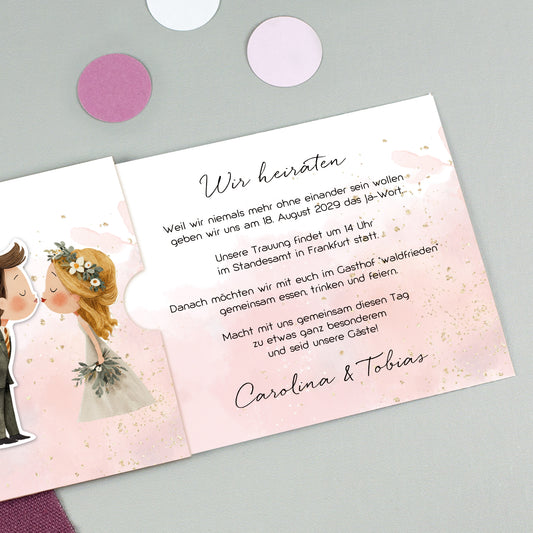 Innenseite der Ziehkarte zur Hochzeit mit sichtbar werdendem Einladungstext beim Herausziehen