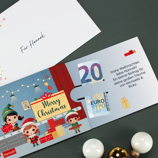 Ziehkarte mit Wichtelwerkstatt & Wunschtext - Geldgeschenk zu Weihnachten