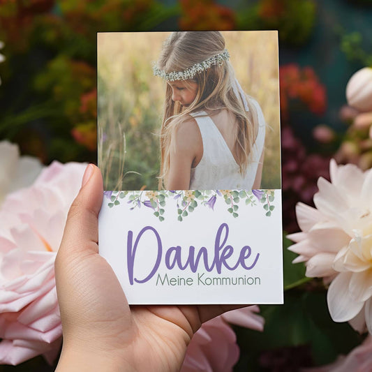 Lila Dankeskarte mit Blumenmotiv