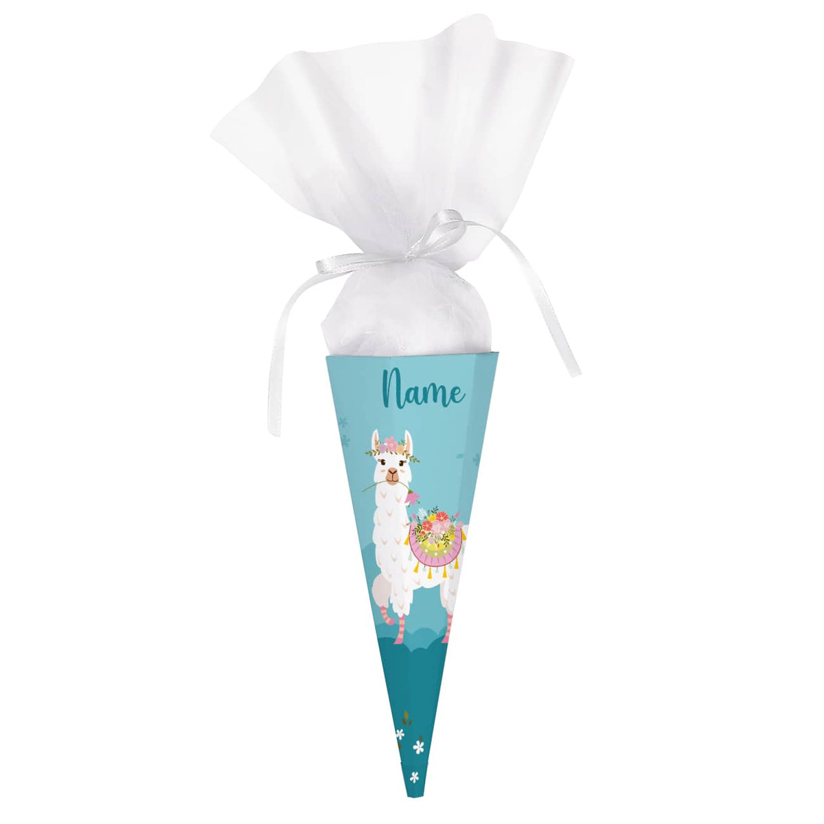 Geschwister-Zuckertüte mit Lama, Blumen und Name