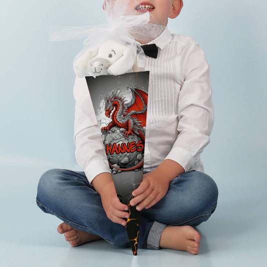 kleine Schultüte mit rotem Drache und Name, 28 cm
