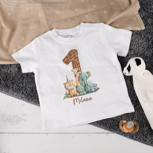 Baby T-Shirt mit großer 1 zum 1. Geburtstag, Wildtieren und Name