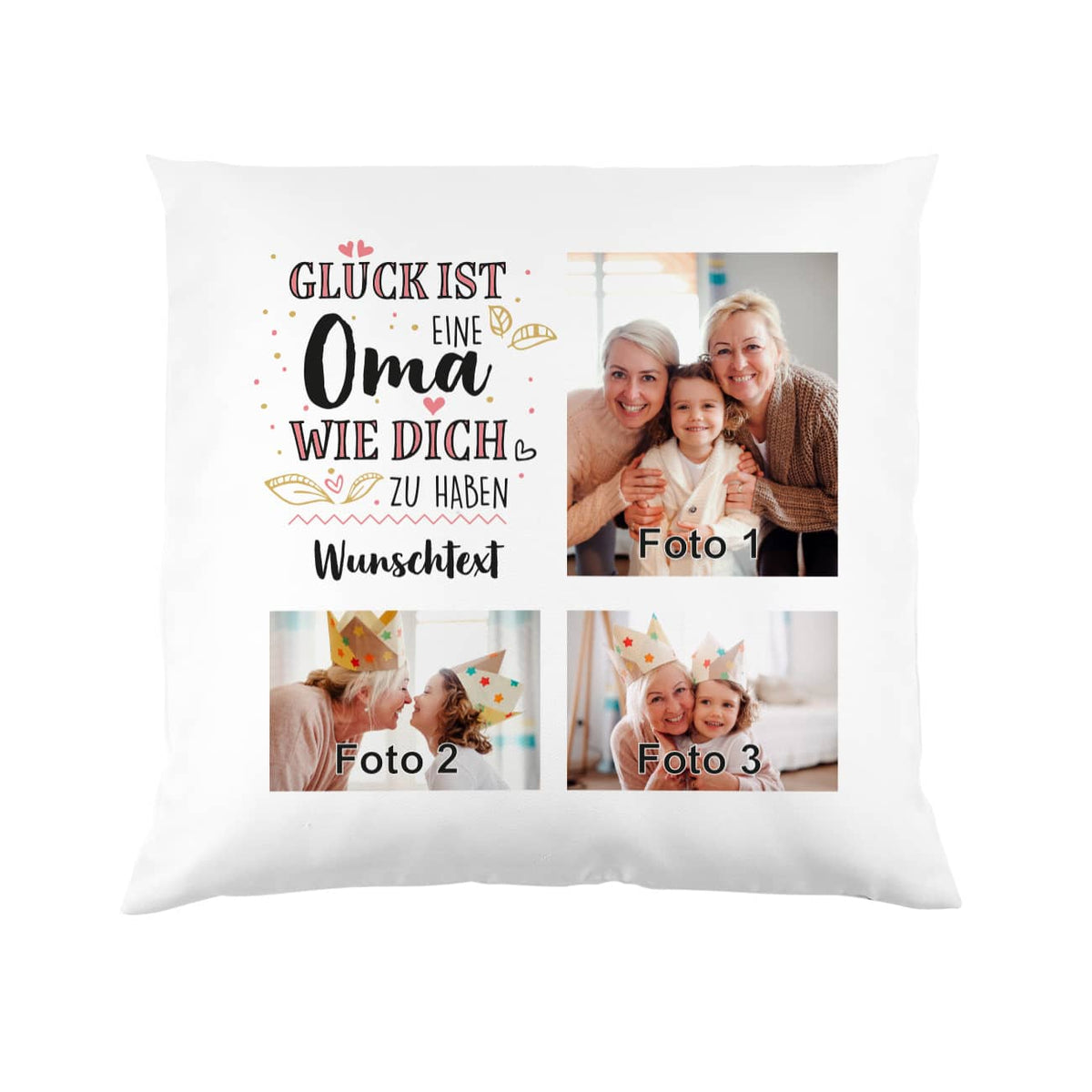 Weißes Kissen für Omas mit Spruch und Platz für drei Fotos