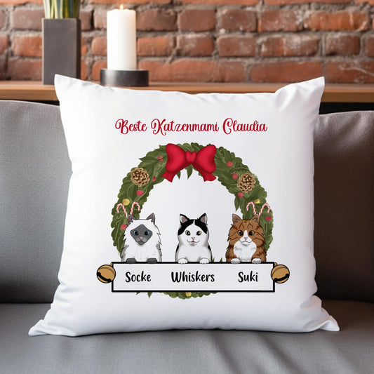 Kissen mit weihnachtlichem Katzenmotiv - 1 bis 3 Katzen möglich