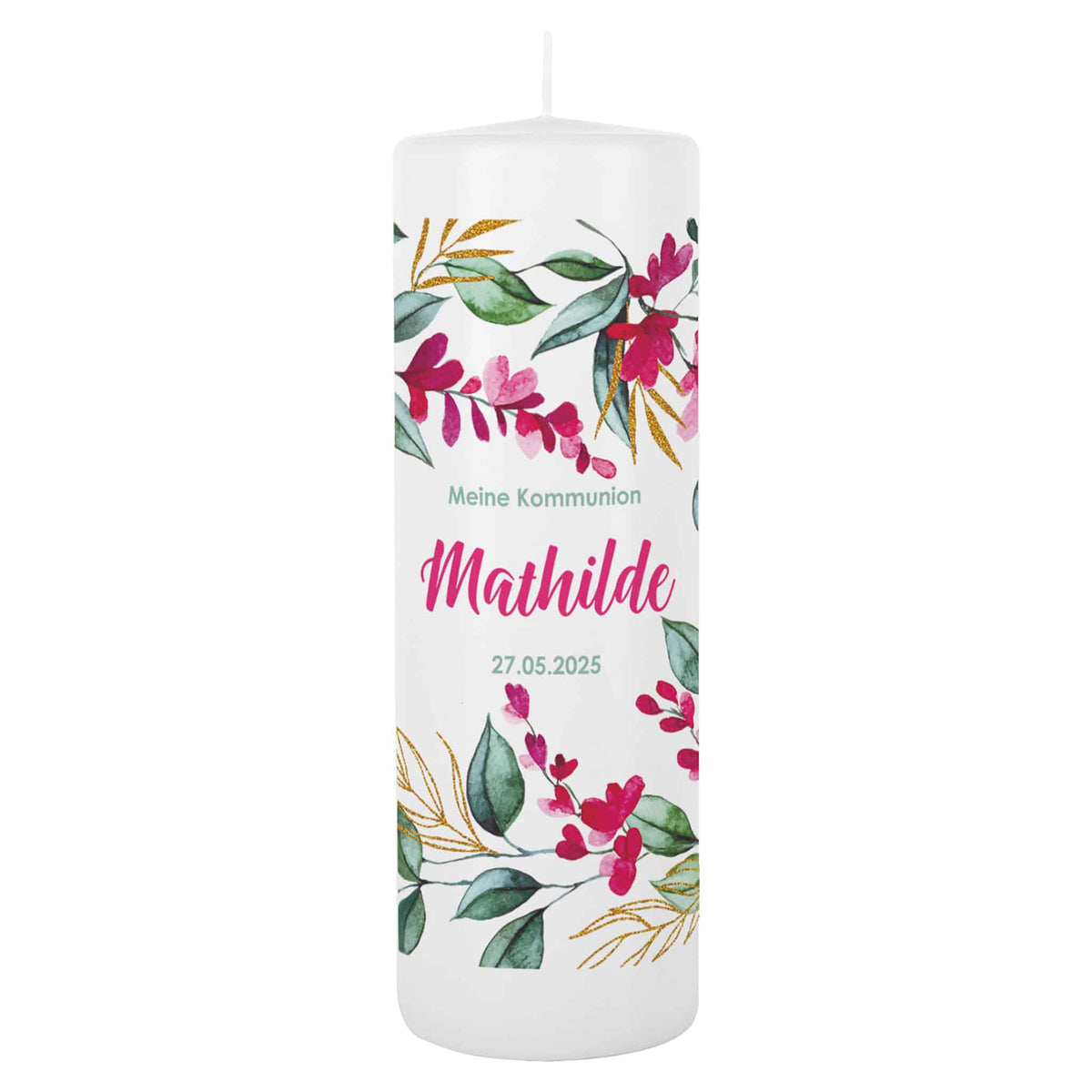 Große Kerze mit Blumenmotiv zur Taufe, Kommunion oder Konfirmation