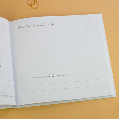Kreativseite Gästebuch Hochzeit mit Platz für Wünsche, Fotos und Botschaften der Gäste