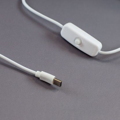 USB-C Kabel der LED Acryl-Lampe mit weißem An/Aus-Schalter und Stecker in Nahaufnahme auf grauem Hintergrund