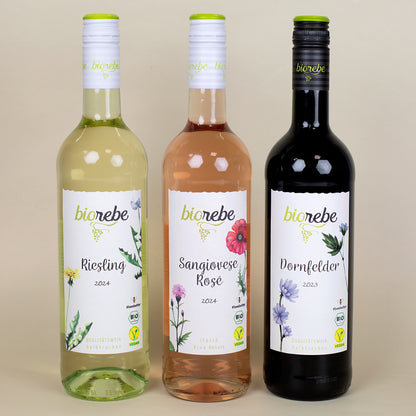 Drei Biorebe-Weinflaschen in einer Reihe: Riesling, Sangiovese Rosé und Dornfelder mit weißen Etiketten und Blumenmotiven