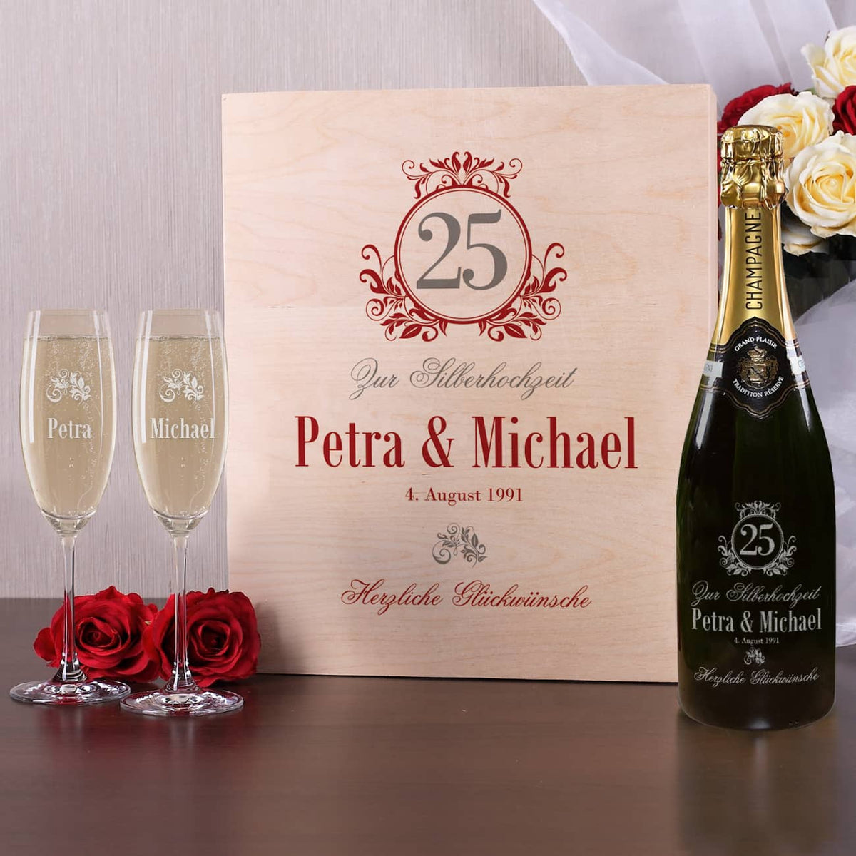 Edles Champagner Geschenkset zur Silberhochzeit mit Namen und Datum