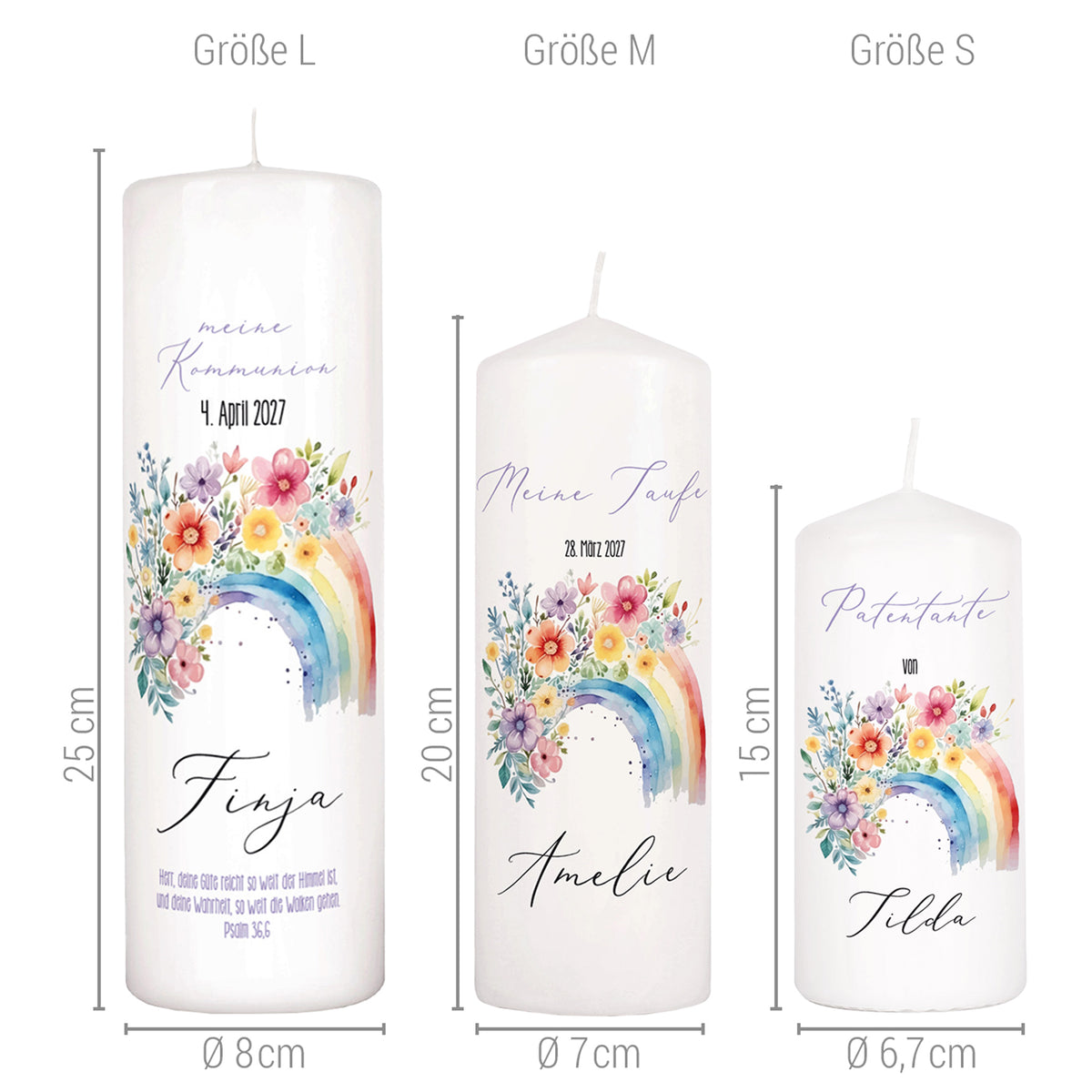 Größentabelle Wachs-Kerzen mit personalisiertem Aufdruck