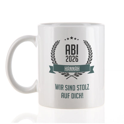 Glückwunsch-Tasse zum Abitur mit Name und Wunschtext freigestellt auf weißem Hintergrund