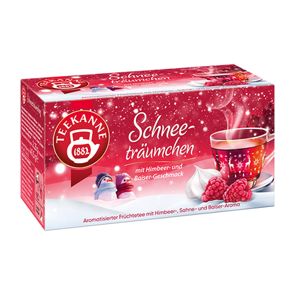 Freigestellte Teepackung „Teekanne Schneeträumchen“ in pinkem Schneemotiv mit Himbeeren und Baiser.