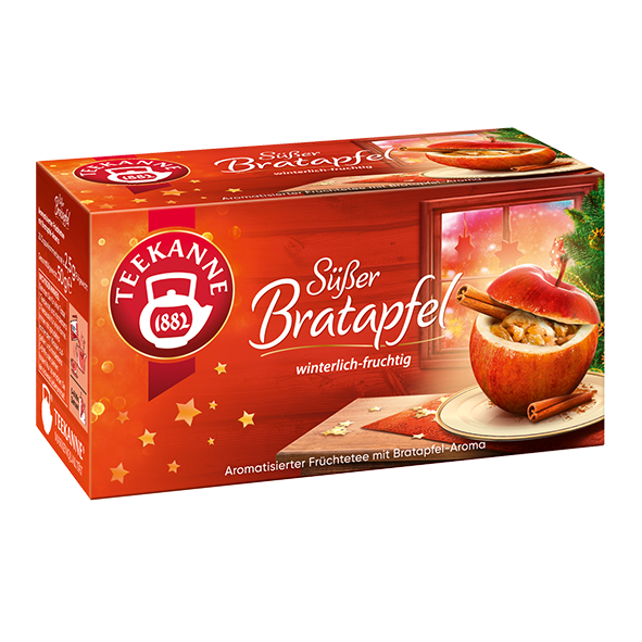 Freigestellte Teepackung „Teekanne Süßer Bratapfel“ in rot-goldenem Winterdesign mit Bratapfelmotiv.