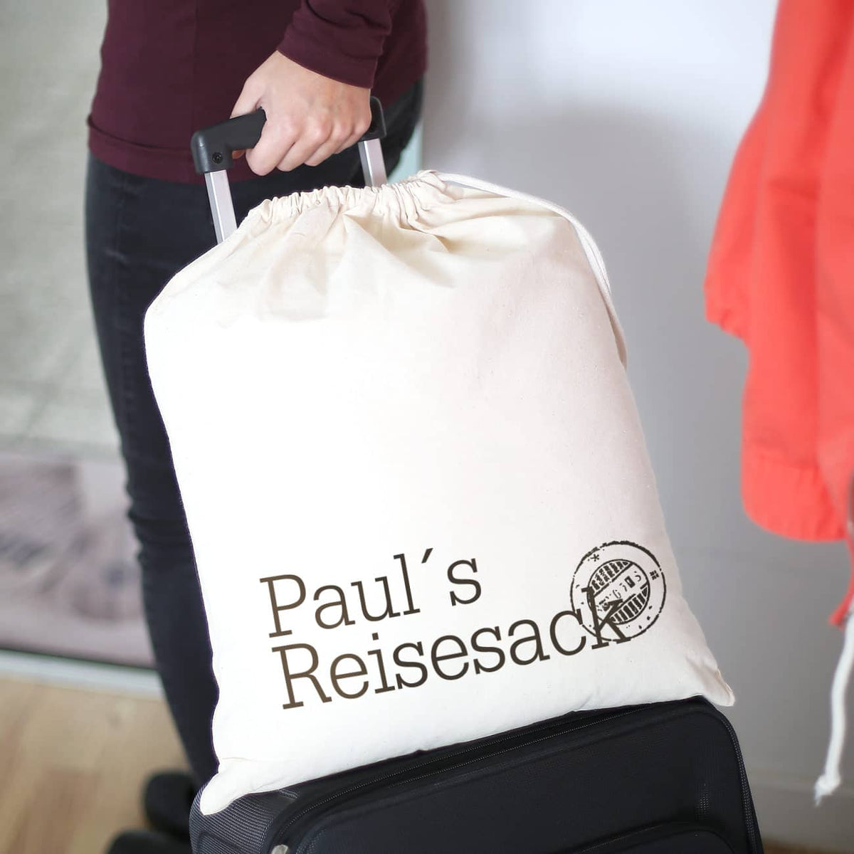 Zuziehsack zum Verreisen mit Wunschname bedruckt