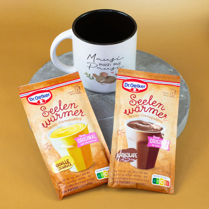Geschenk Set mit Mausi mach mal Pausi Tasse und Seelenwärmer Pudding in Schoko und Vanille