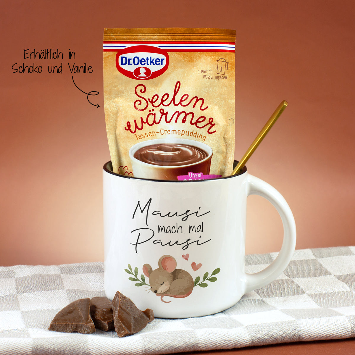 Geschenk Set mit Mausi mach mal Pausi Tasse und wählbarem Schoko oder Vanille Pudding