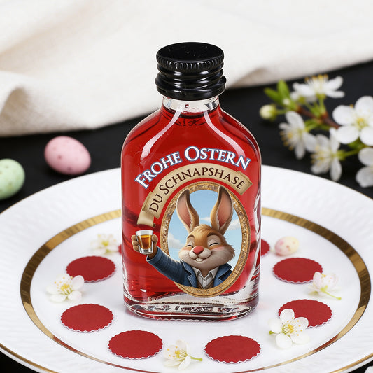 Mini Schnapsflasche mit rotem Fruchtlikör und fröhlichem Osterhasen der ein Schnapsglas hält