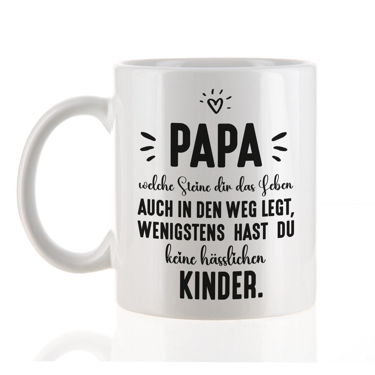 Lustige Vatertags-Tasse mit witzigem Papa-Spruch in schwarzer Schrift auf weißer Keramik
