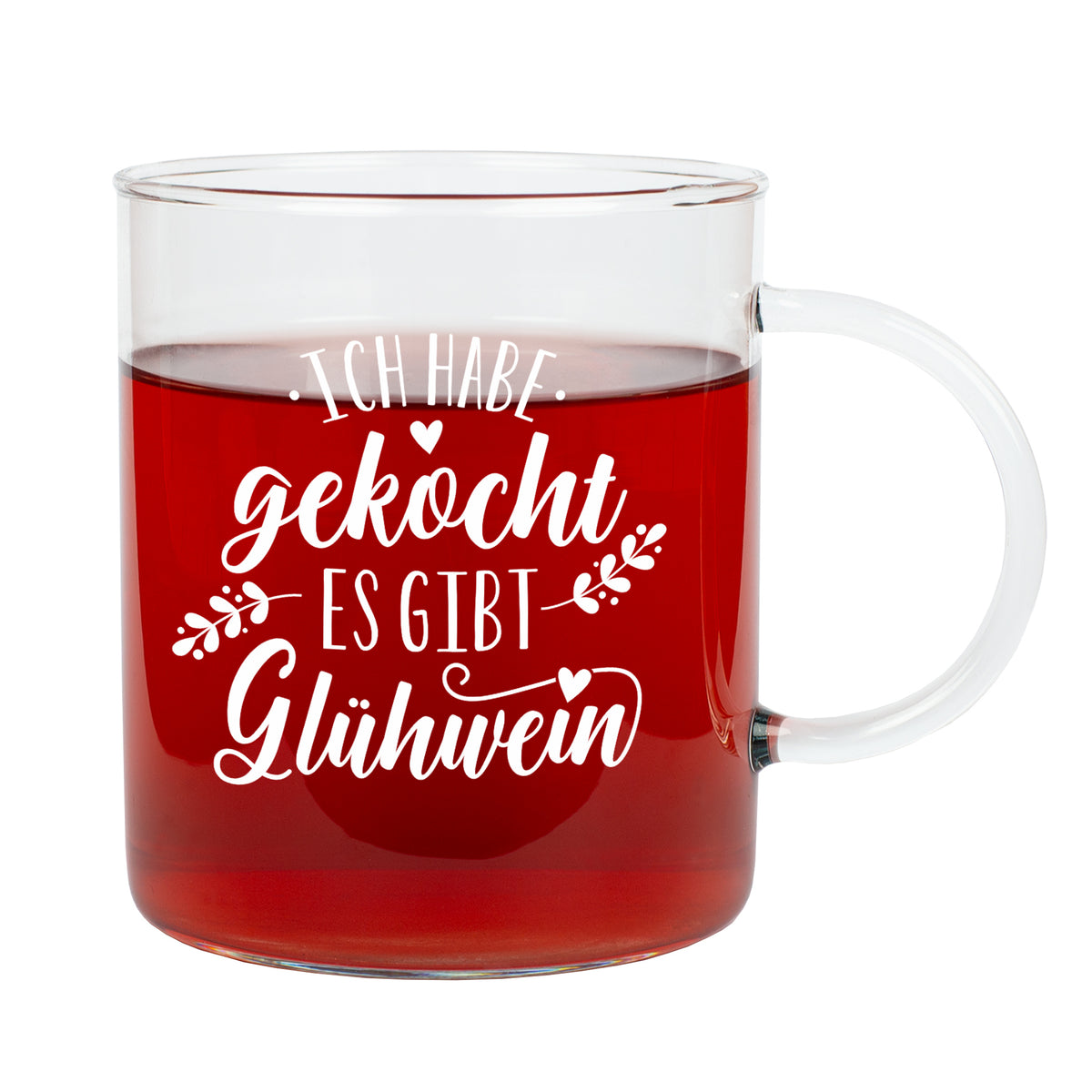 Freisteller: LEONARDO Glühwein-Teeglas mit weißem Spruch und rotem Heißgetränk.