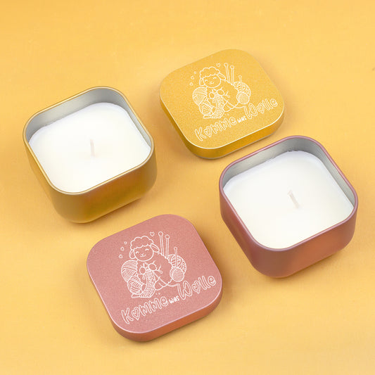 Duftkerze Komme was Wolle in Gold und Roségold als Geschenk für Strick- und Häkelfans