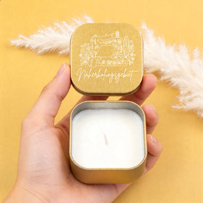 Kleine Duftkerze Näherholungsgebiet in Gold als Geschenk für Näherinnen und Nähfans