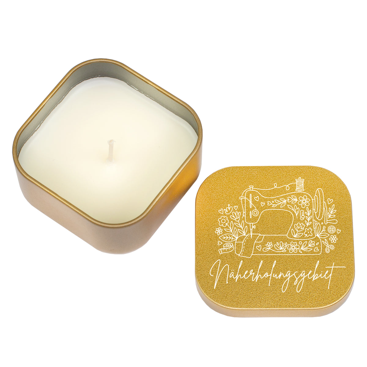 Freigestellte goldene Duftkerze Näherholungsgebiet mit Deckel und Nähmaschinen Motiv