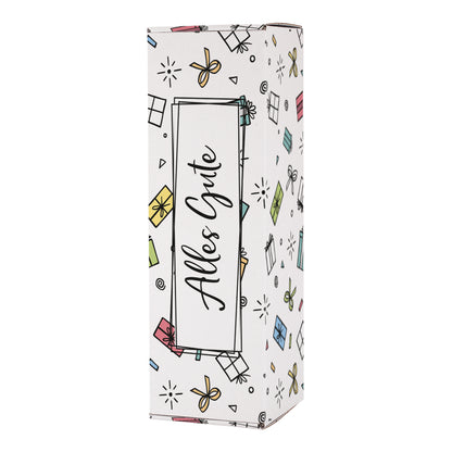 Frontansicht der Flaschenverpackung „Alles Gute“ – edle Geschenkbox mit fröhlichem Geschenk-Motiv und mittigem „Alles Gute“-Schriftzug. Ideal für verschiedene Anlässe.