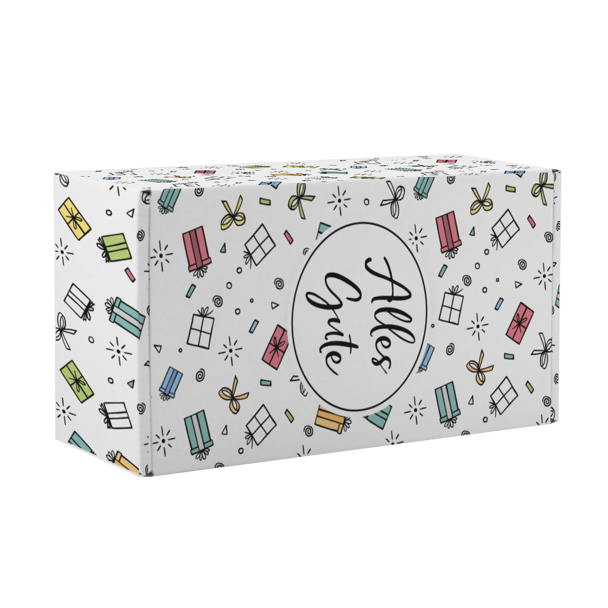 Freigestellte große Pappbox mit „Alles Gute“-Motiv und Geschenkillustrationen