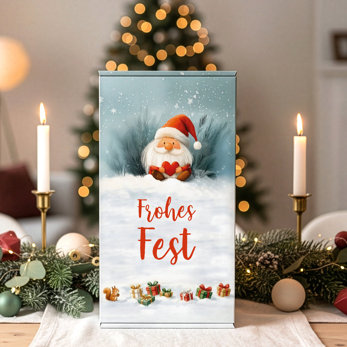 Geschenkbox mit Wichtelmotiv und Aufdruck „Frohes Fest“ auf weihnachtlicher Tischdekoration
