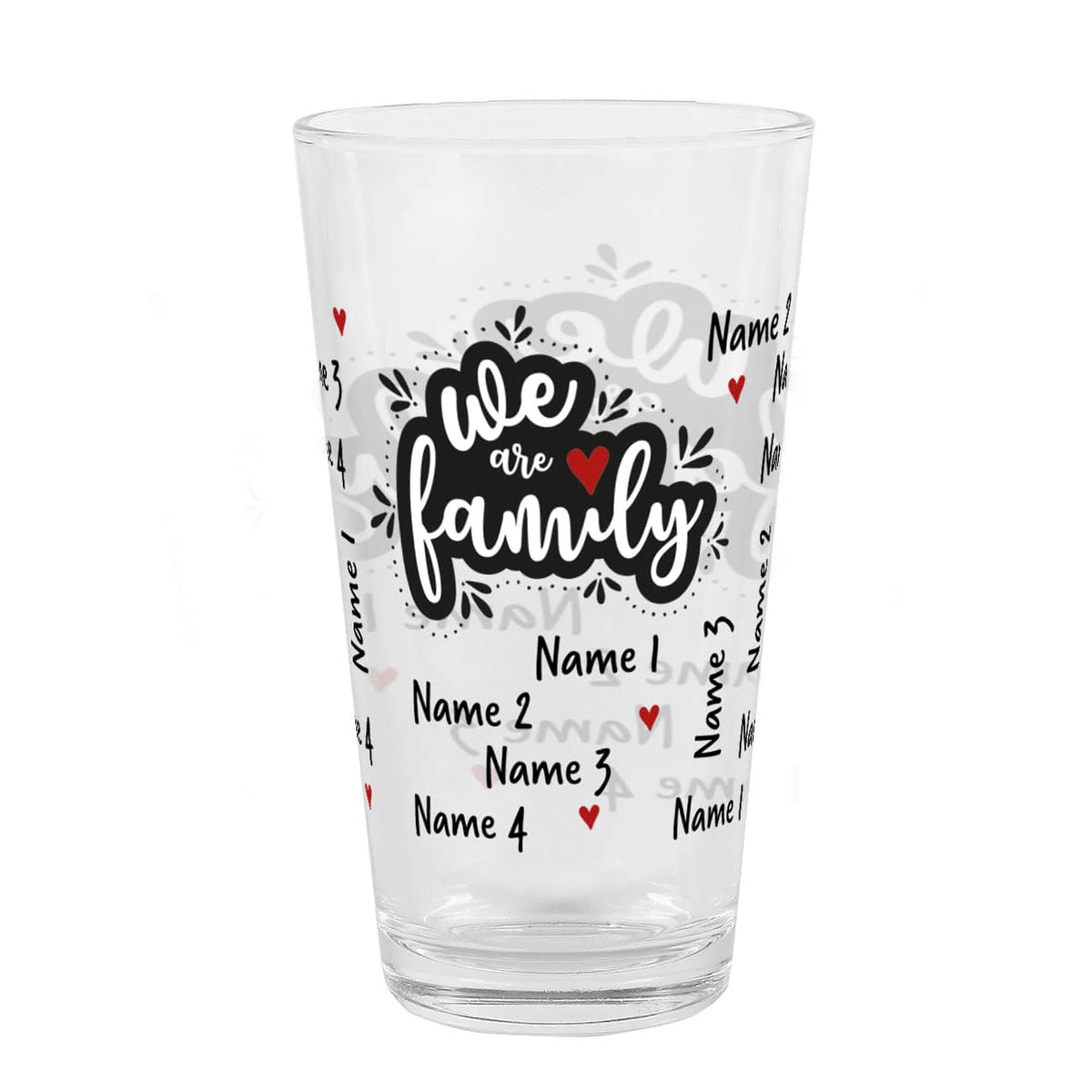We are family - Wasserglas mit vier verschiedenen Namen