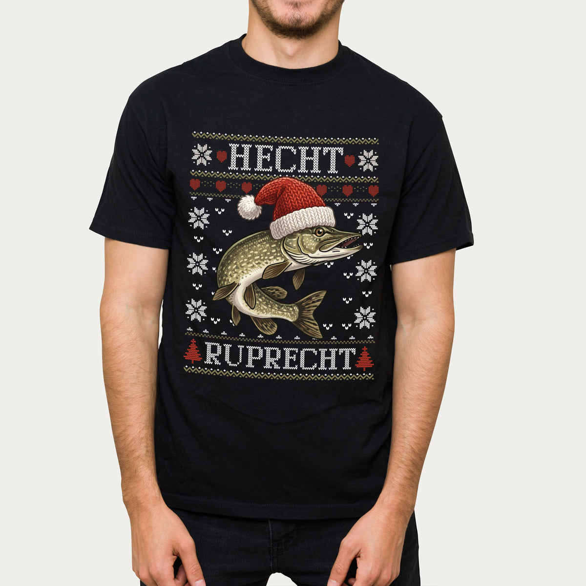 Herren Weihnachts T-Shirt mit Hecht Ruprecht Motiv und winterlichem Strickmuster auf schwarzem Stoff