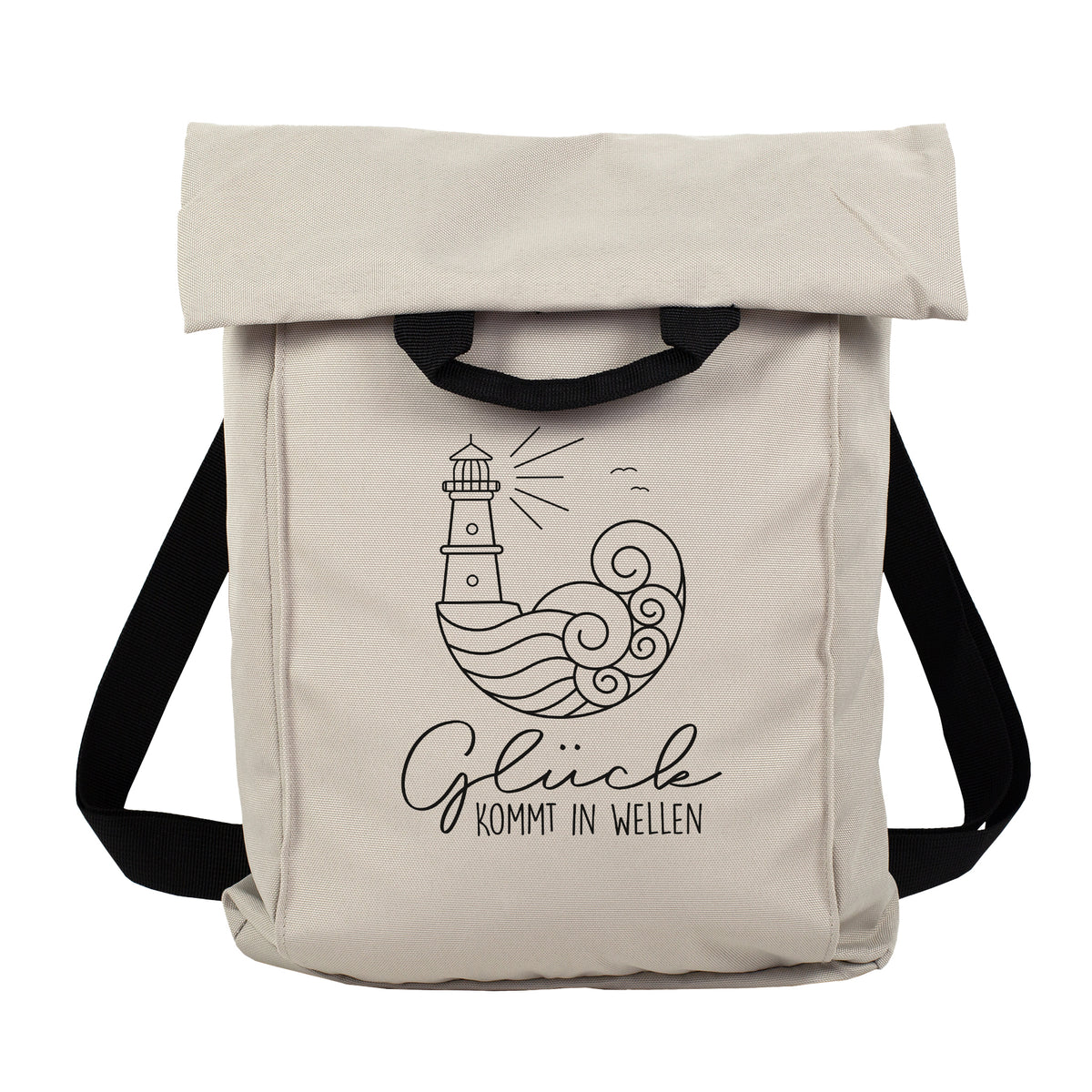Beiger leichter Rucksack mit Rollverschluss, Schultergurt und maritimem Leuchtturm Motiv freigestellt