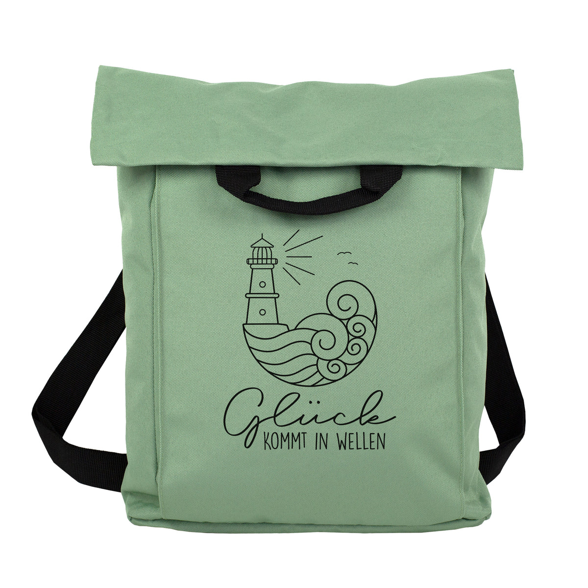 Jadegrüner Rucksack mit Leuchtturm und Wellen Motiv, schwarzem Schultergurt und Rolltop Verschluss