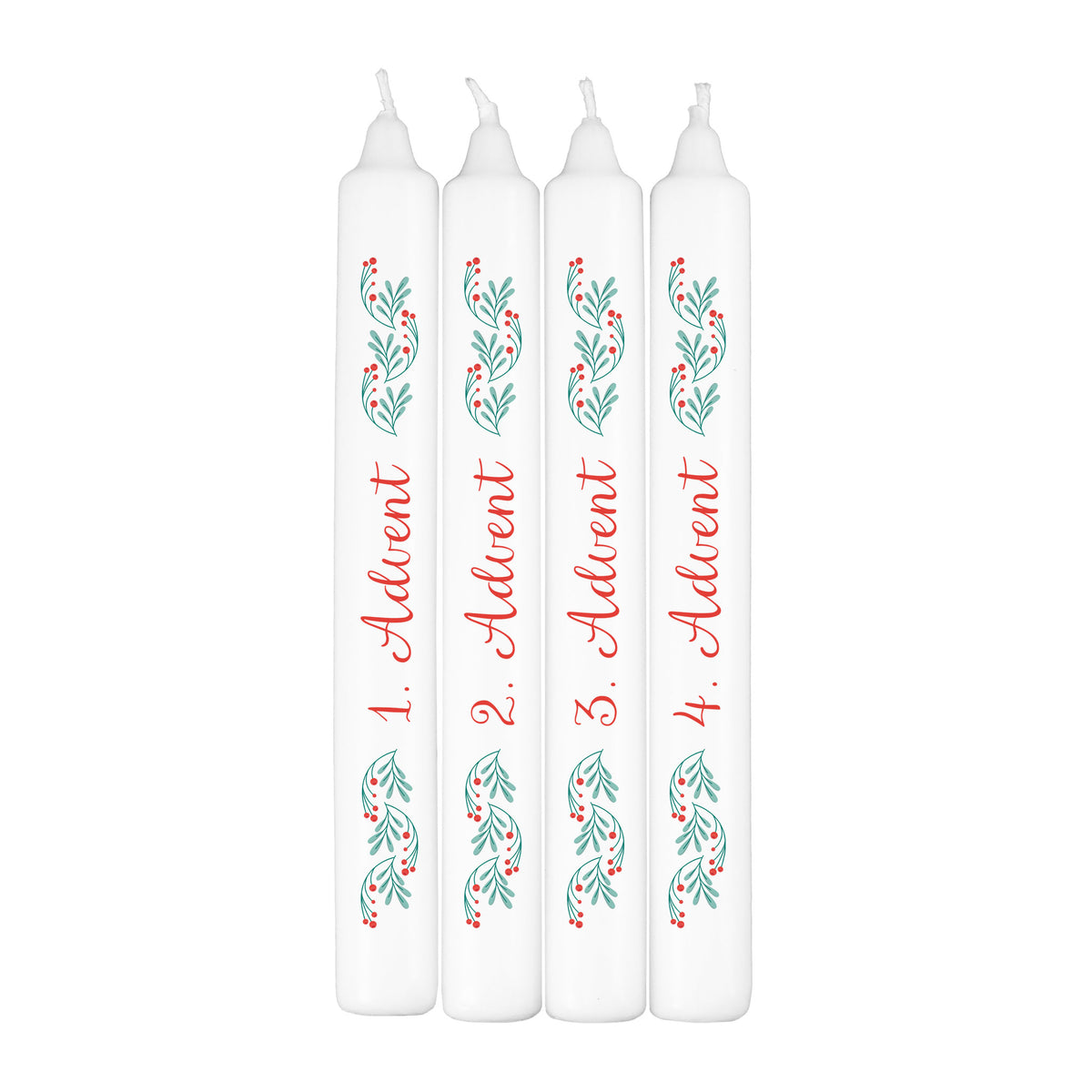 Freigestelltes Adventskerzen-Set mit grün-rotem Zweigmotiv und rotem Advent-Schriftzug 1.–4. Advent.