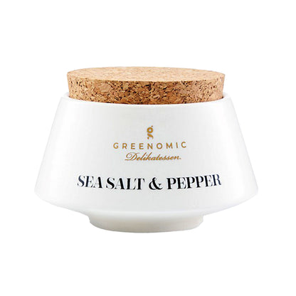 Sea Salt & Pepper von Greenomic freigestellt auf weißem Hintergrund im Design-Keramikbehälter