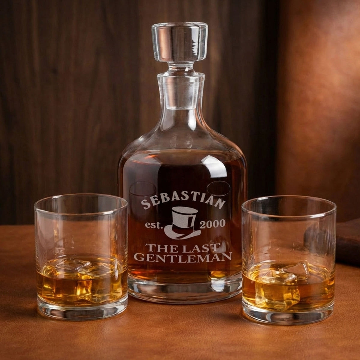 Elegantes 3-teiliges Whisky-Set von Leonardo mit gravierter Karaffe und zwei Whiskygläsern auf dunklem Untergrund.
